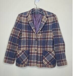 Vintage Country Miss Surburbans tan blue plaid wool blazer - 8